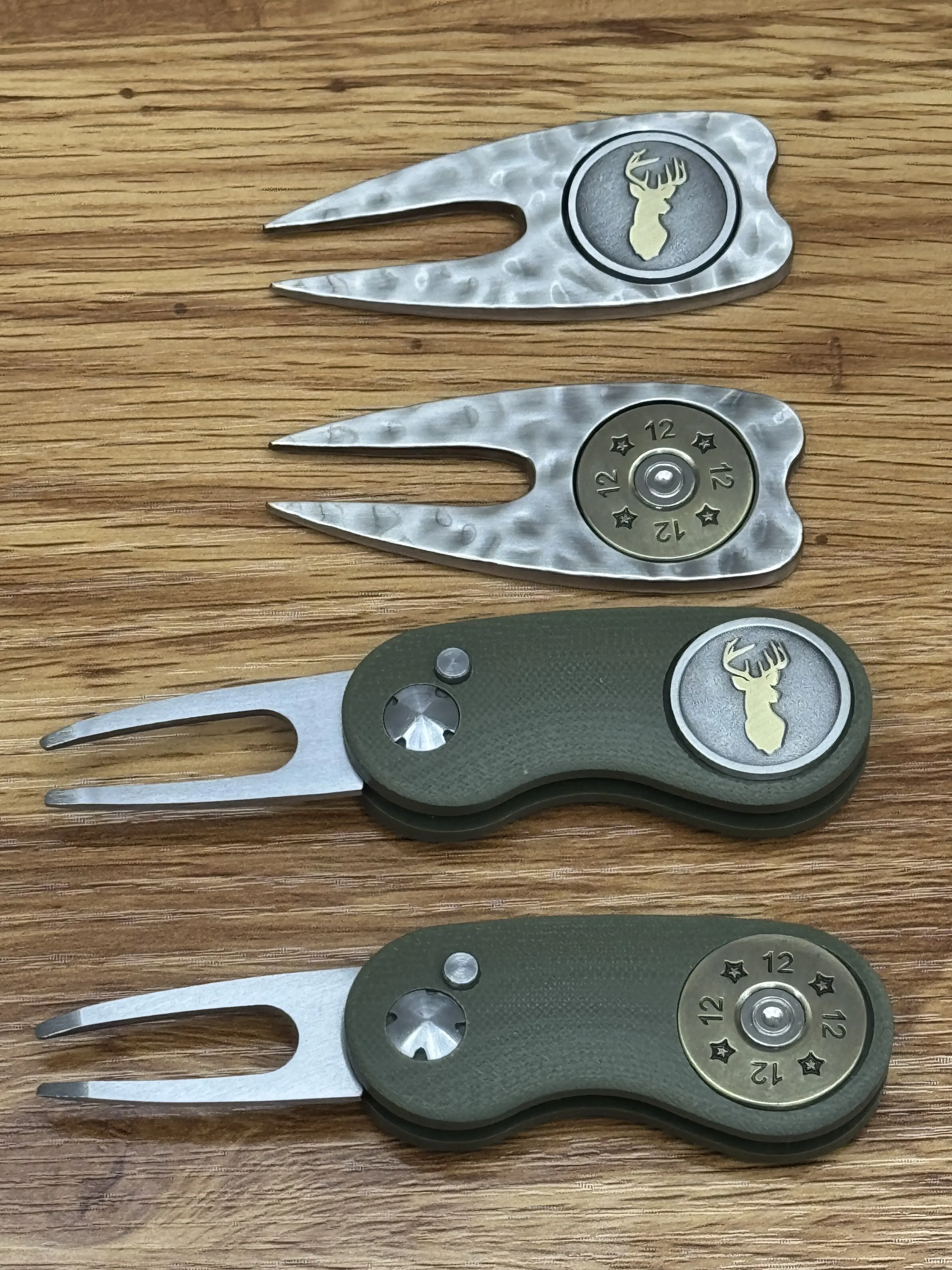 Full Metal Markers Magnetic Divot Tool & Ball Marker Set for Golfers, Hammered Prong or Olive Green Flip Tool with Deer Buck & Shotgun Shell Designs