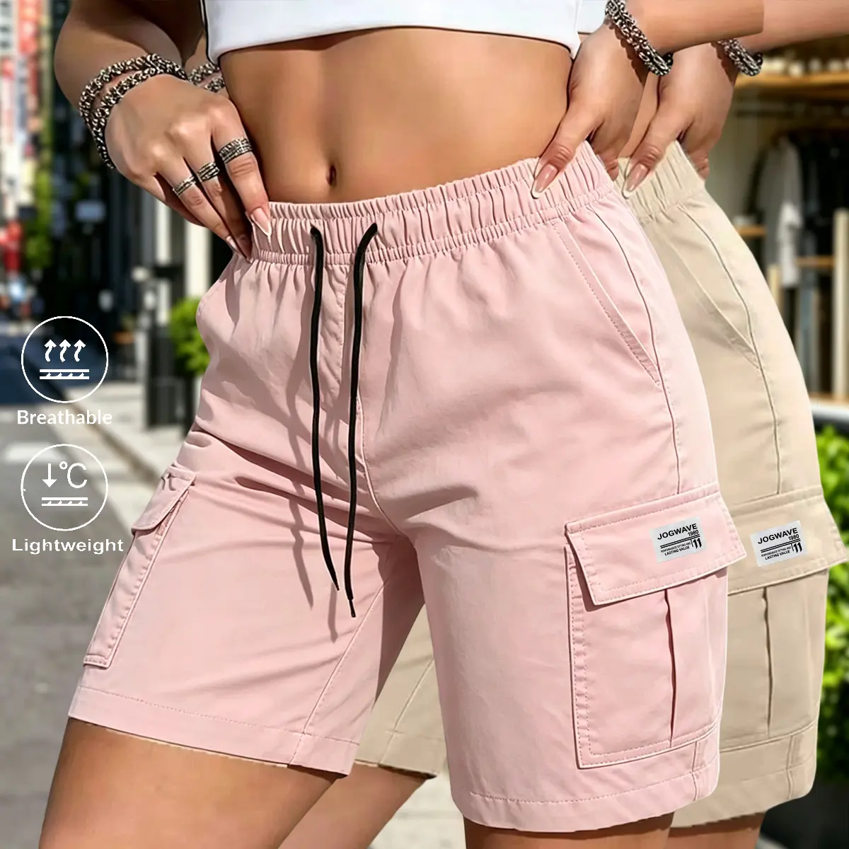2-Pack Women’s American Workwear Shorts – Multi Pockets, Fashionable & Versatile Casual Sporty Mid-Length Straight Wide-Leg Shorts for Spring/Summer/Fall