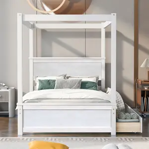 Full Size Canopy Bed with two Drawers, Wood Canopy Platform bed With Support Slats .No Box Spring Needed, Brushed White
