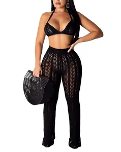 Women Crochet Cover Up Hollow Out Knitted See Through 2 Piece Outfits Halter Bandeau Top Long Pant Swimsuit
