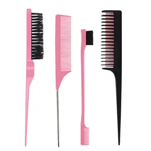 Set of 4 teasing hair brushes (rat tail combs), edge tools for edging and backcombing