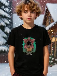 Kids Stranger Style Up Side Down Things Shirt, Casual Graphic T-Shirt Top with Demogorgon Pattern and "Free Hugs" Text, Machine Washable Halloween Outfit ,Short Sleeve Casual Sports Tee for Teens,Mike,Lucas,Eleven,Dustin,Demodogs,Hawkins Fans Gift