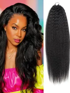 Kinky Straight Feather Crochet Human Hair Extension, Glueless Hair, 50g Yaki Wave Knotless, Pre-Separated Micro Bundles with Loop, Reusable Hair Extensions