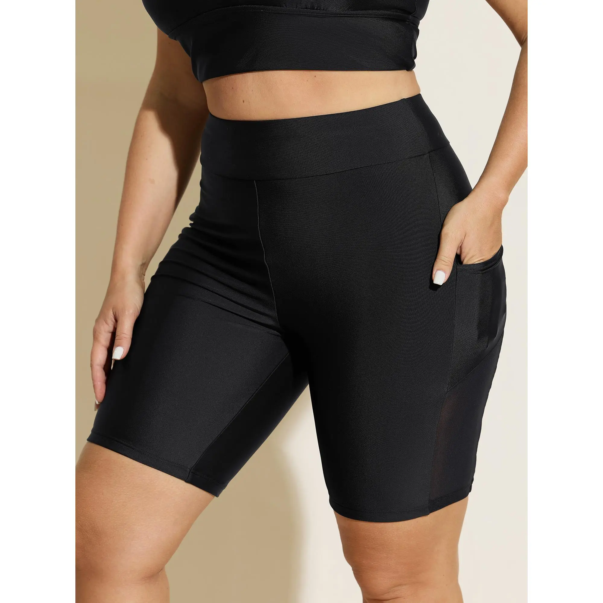 BLOOMCHIC Women's Plus Size Sports Swim Trunks [M-6X] - Spliced Mesh, Plain Design, 2026 Summer Vibes, Machine Wash, Tankini Swimsuit Bottoms, Swimmingshorts, Board Shorts, Nylon, Solid Swim Bottoms, High Rise, Beach Wear, Mesh Panel, Hip-Flatter, Mesh Sw