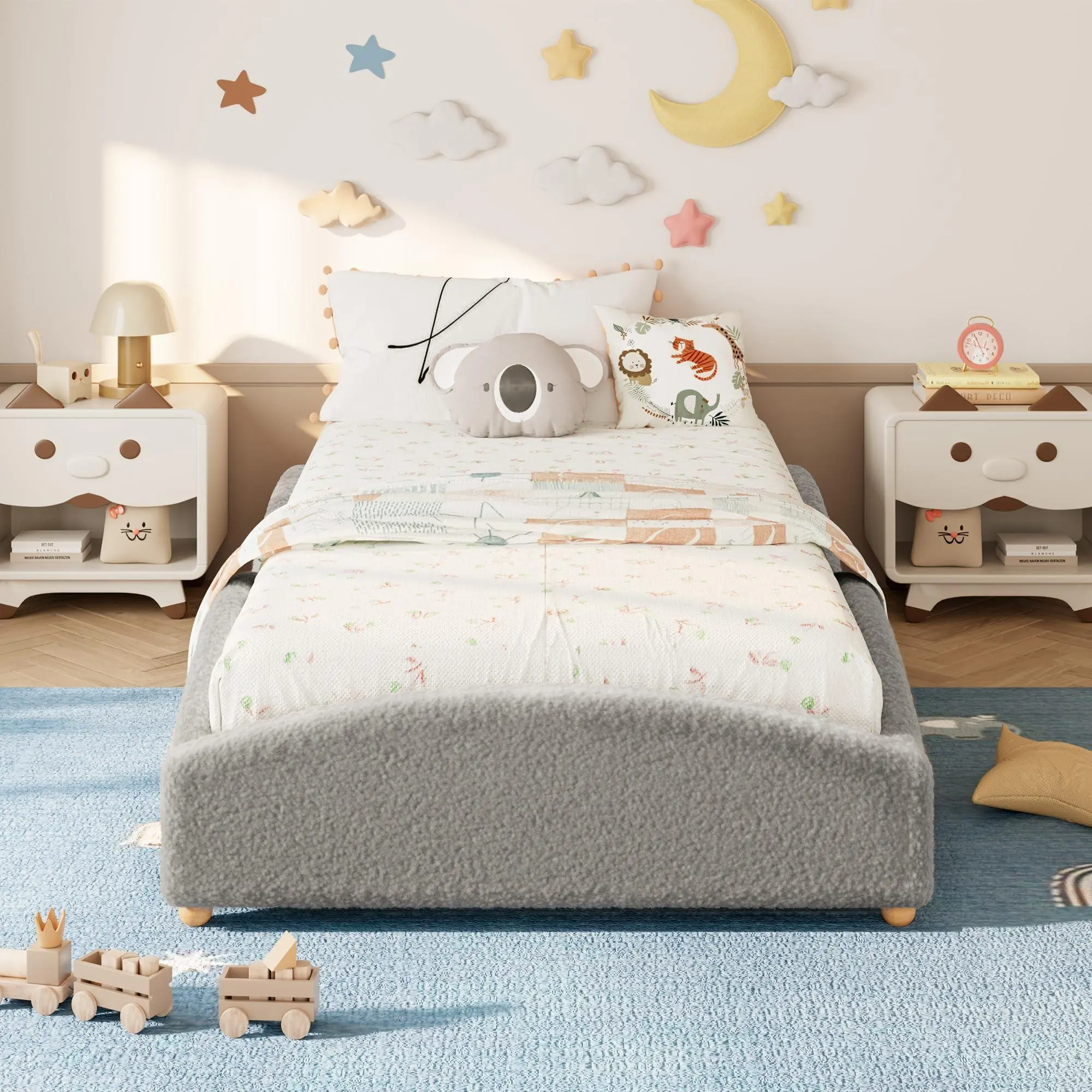 Twin Size Bed Frame for Kids, Upholstered Floor Bed with Anti-Slip Raised Sides, Low Profile Platform for Girls/Boys, No Box Spring Needed, Easy Assemble, Light Gray