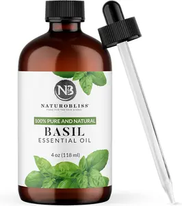 NaturoBliss Pure Basil Essential Oil Therapeutic Grade (4 fl. oz) with Glass Dropper, Perfect for Aromatherapy Fitness Solution