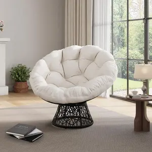 360° Swivel Papasan Patio Chair with Ottoman, 350 lbs Capacity Wicker Chair with 6in Quick Dry Cushion, Rain Resistant for Indoor Outdoor Use