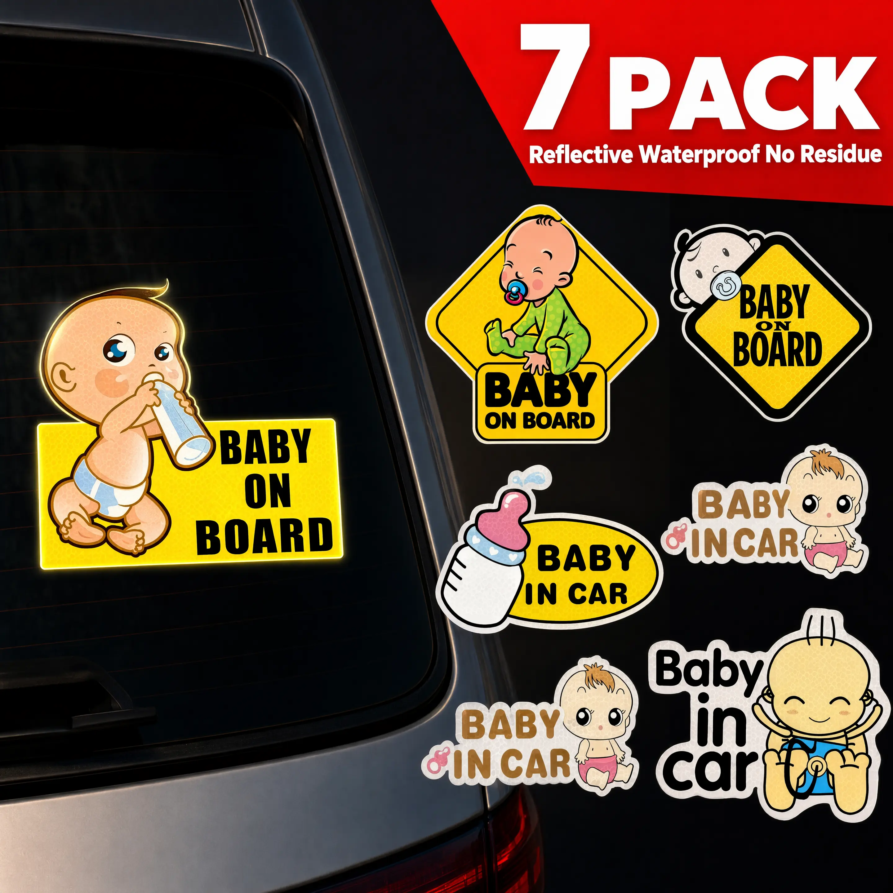 Baby on Board Signs for Car, Reflective Stickers 7-Pack - Waterproof Safety Decals for Windows & Doors, High-Visibility Baby in Car Warning Labels, Cute Car Accessories