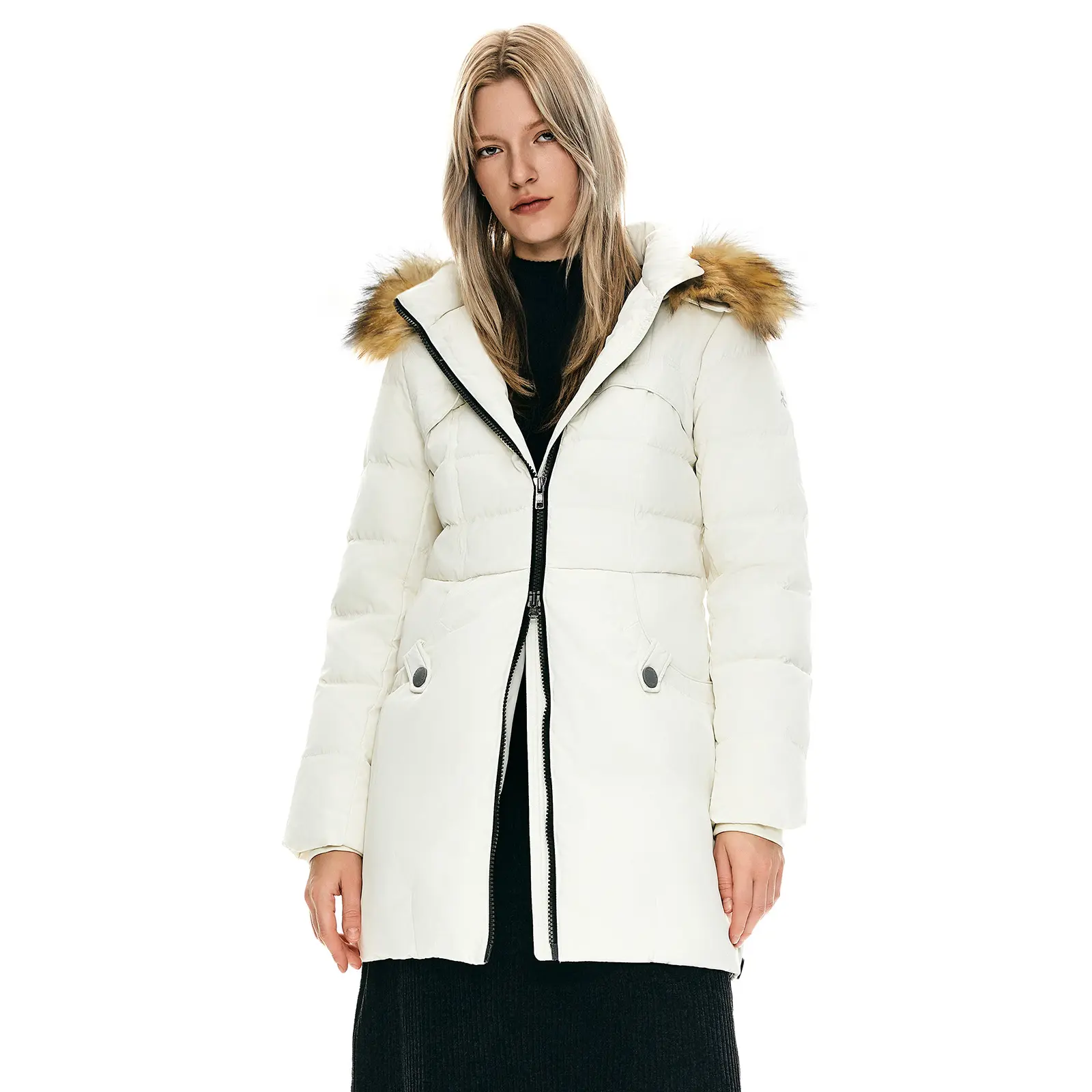 Orolay Women's Winter Down Jacket with Removable Faux Fur Hood, Mid-Length Slim-Fit Coat for Casual and Outwear, Water-Repellent, Windproof Womenswear