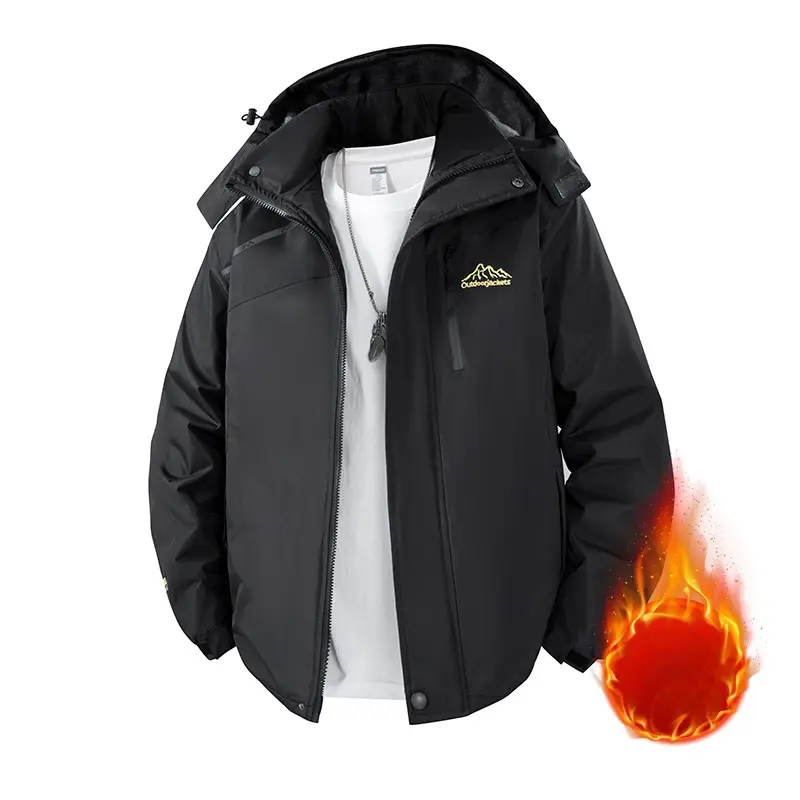 Men's Softshell Jacket, Hooded Long Sleeve Coat with Embroidery, Thick Cotton Lining and Removable Hood, Waterproof, Breathable
