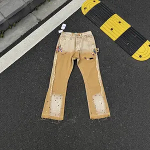 High version GA Crow sticker leather flared pants washed water splicing jeans