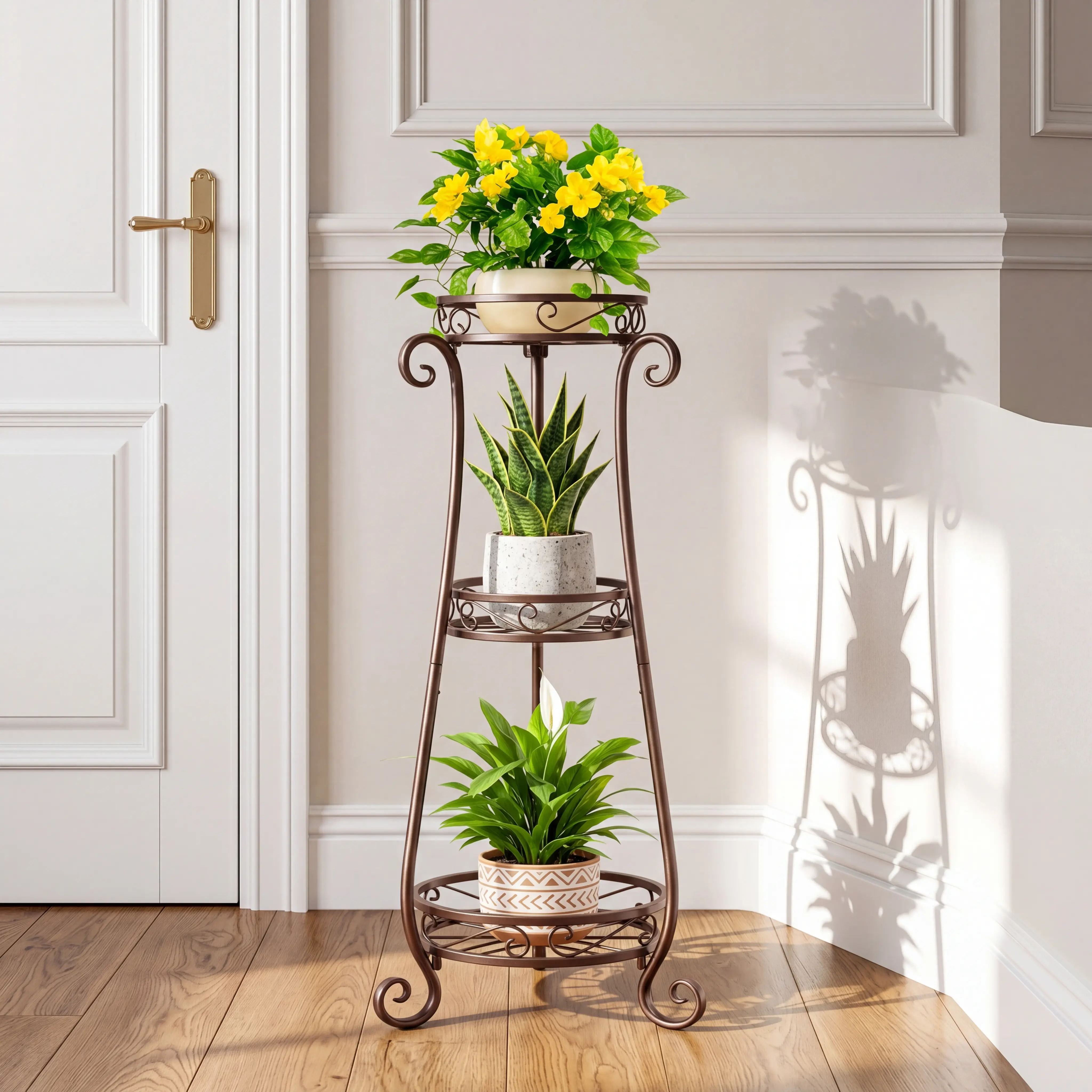 indoor rack  3-Tier Indoor/Outdoor Plant Stand ，Antique Bronze Metal Design ， Multi-Level Flower Rack for Patios，Courtyards, and Living Rooms (An Ideal Gift for Plant Enthusiasts)