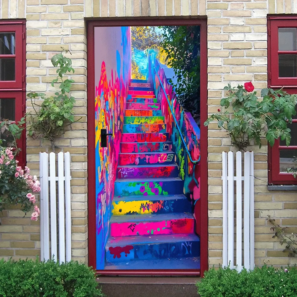 2pcs Colorful Graffiti Staircase Wall Stickers Creative Home Decor Self Adhesive Removable Art Decals for Living Room Bedroom Corridor Kids Room Staircase Step Decoration Peel and Stick Murals