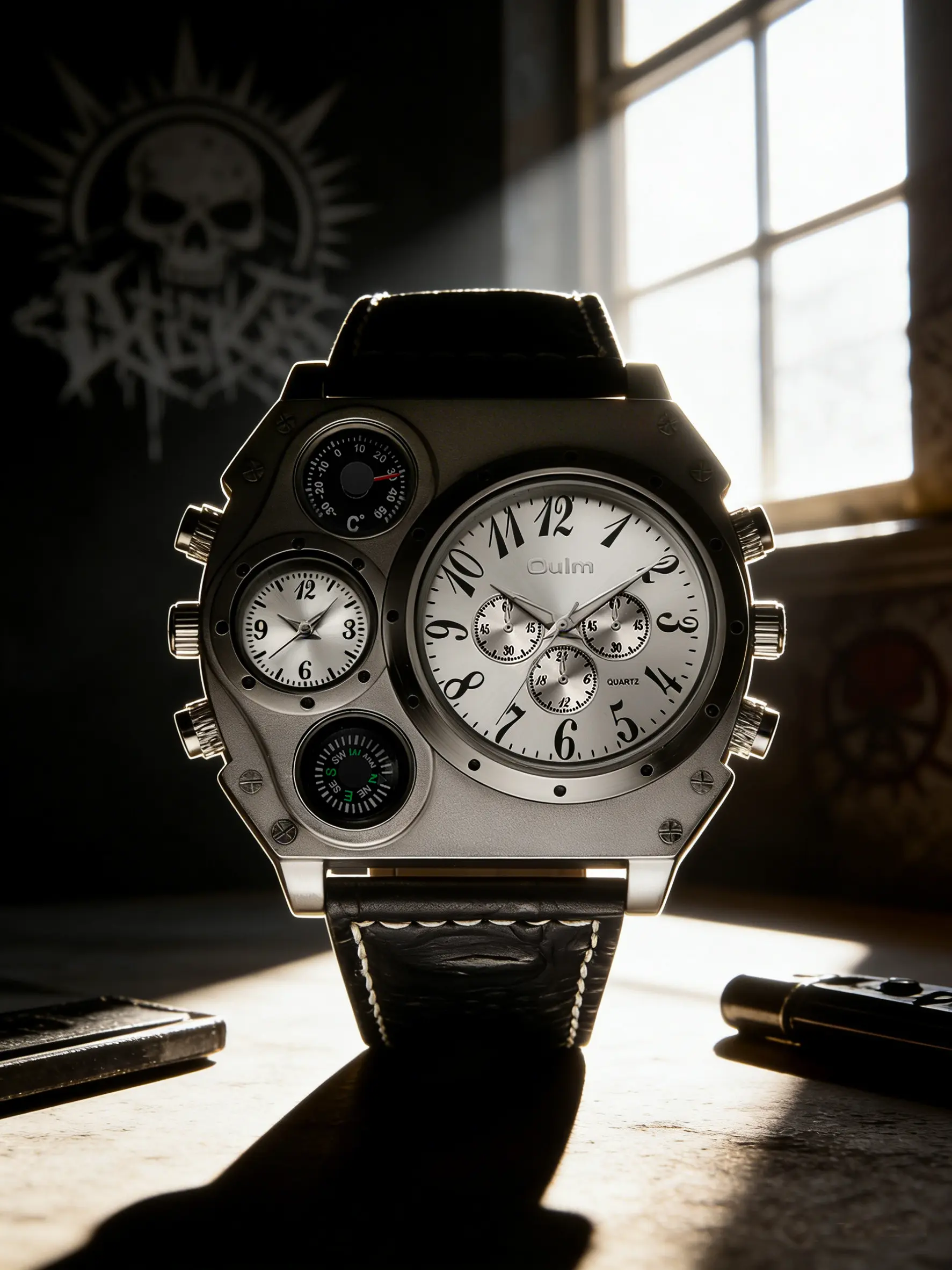 Tactical Outdoor Survival Watch, Dual Time Zone Precision, Integrated Compass Thermometer, Silver Color Steel Case, All Season Use