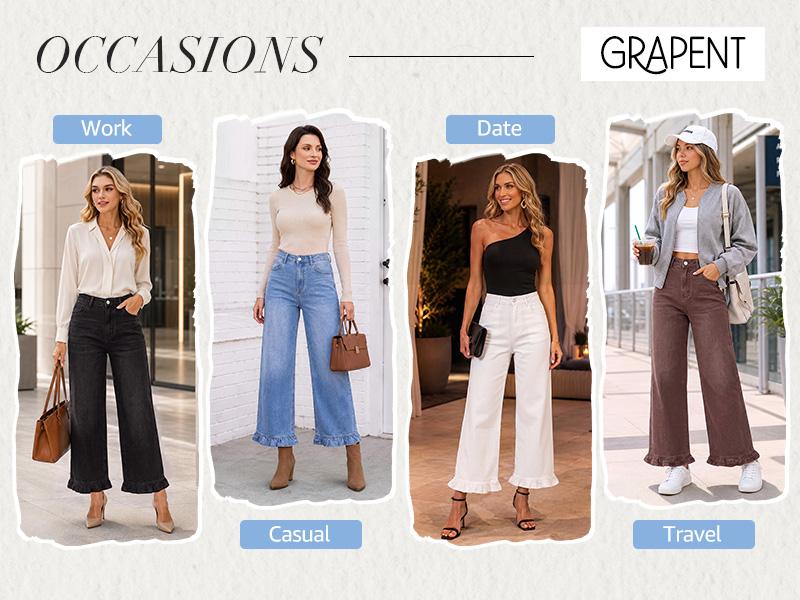 【NEW】GRAPENT Women's High Waisted Wide Leg Ankle Pants, Lady's Stretch Denim Bottoms with Ruffle Hem, Cropped Cut 27.5in Inseam, Trendy Baggy Weekend Wear Jeans
