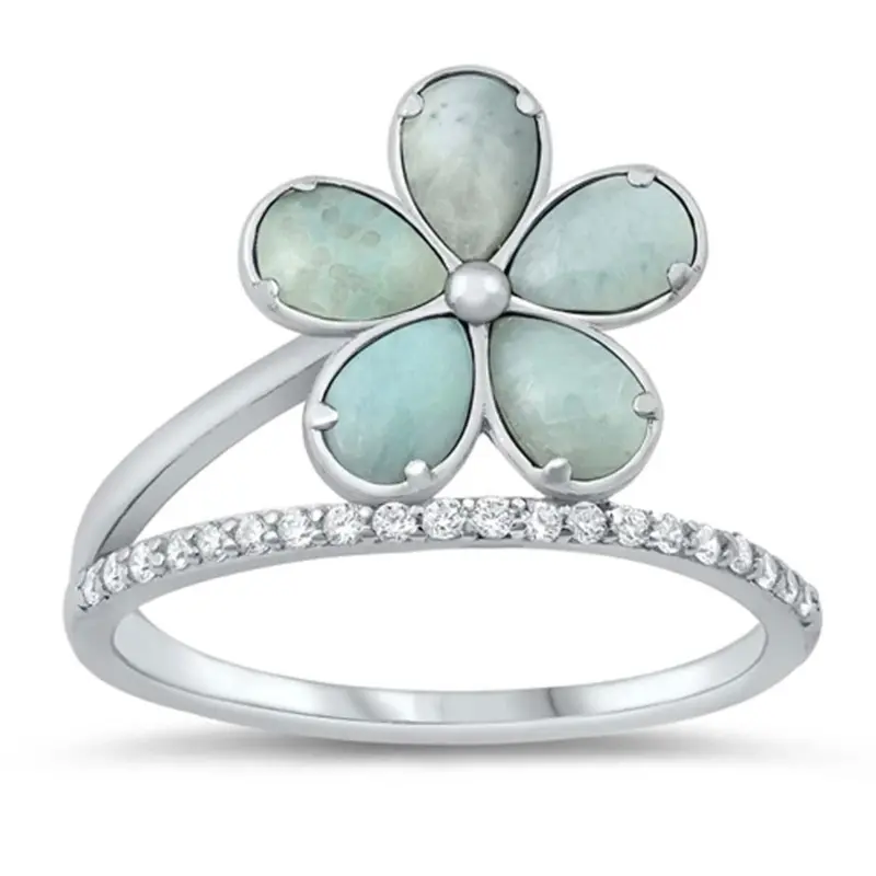 925 Sterling Silver Larimar Flower Ring - Elegant Floral Design with Natural Larimar Stones for Women