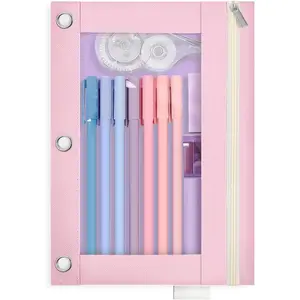 3 Ring Pencil Pouch for Binder, Zipper Binder Pencil Pouch with 3 Pockets and Mesh Window, Durable Organizer for School Supplies, Cables, Earbuds, Makeup