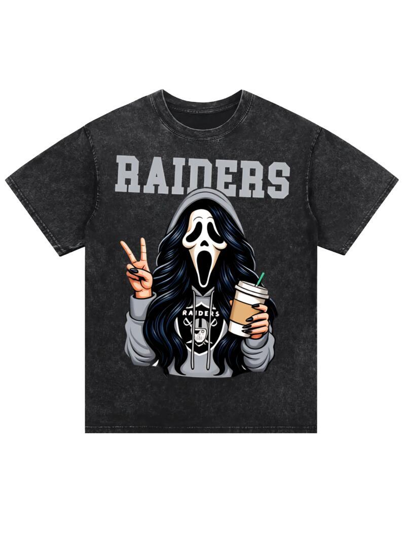 Black Raiders T-Shirt with Scream Ghost Holding Coffee and Peace Sign Graphic, Funny Halloween Horror Tee for Men and Women, Trendy Spooky Casual Streetwear Shirt for Fall Season, Costume Party & Everyday Wear Black Raiders T-Shirt with Scream Ghost Holding Coffee and Peace Sign Graphic, Funny Halloween Horror Tee for Men and Women, Trendy Spooky Casual Streetwear Shirt for Fall Season, Costume Party & Everyday Wear