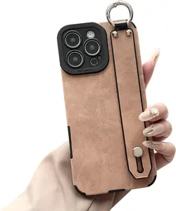 Hand Strap Holder Case for 6.9" iPhone 16 Pro Max with Kickstand -Wrist Strap Band Soft Shockproof Protective Cover, Adjustable Handle Grip Loop for iPhone 16 Pro Max 6.9 Inch, Brown