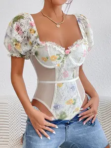 Alluring Floral Print Bodysuit - Flirty Puff Sleeves with Intricate Lace Trim - Seductive Contrast Mesh, Body-Hugging Fit for Fashion-Forward Women