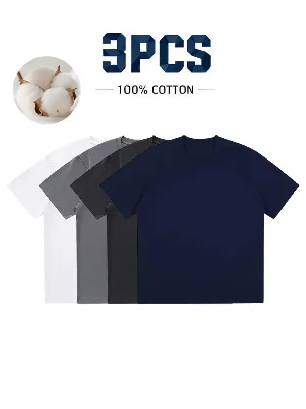 Men's 100% Pure Cotton 3-Piece Short Sleeved T-Shirt Set Soft Comfortable Round Neck Casual Summer Outfit for Daily Wear Crewneck Streetwear Tee Menswear Fabric Long Top