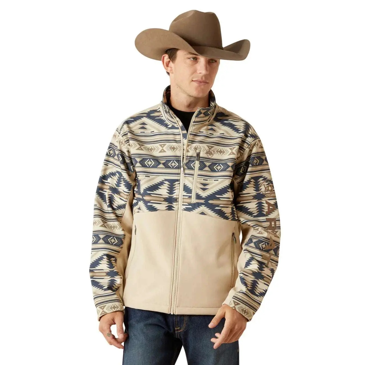 ARIAT Men's Logo Patch Geometric White Pepper Southwest Softshell Jacket (10062581) - Men's Tops, Coats, Casual Comfy Warm, Cozy, Pocket-Equipped, Balances Warmth and Style