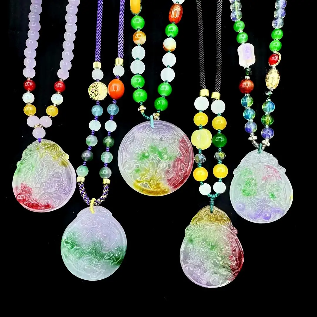 [Live-streaming exclusive sale] Jade Dragon Beads Necklace Natural Colorful Jade Pendant with Multicolor Beads and Detailed Dragon Carving