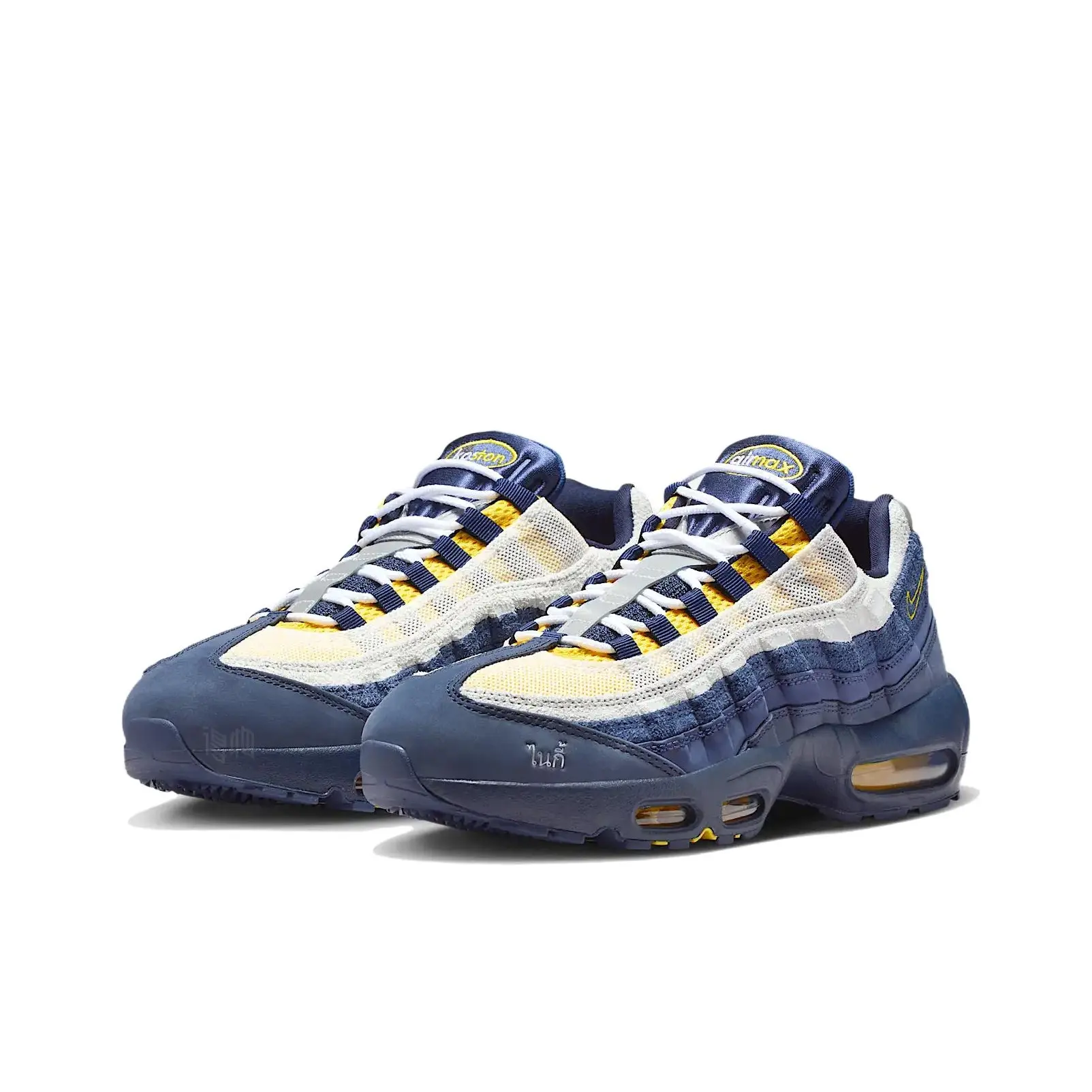 Retro street sneakers with segmented exposed air cushioning softening pavement impacts during sports-themed outings, premium breathable woven mesh paired with matte synthetic leather in navy white golden yellow panel combos