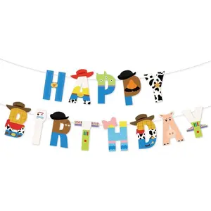 Cartoon Toy Birthday Banner And Garland - Decorative Items For Cartoon Story Party - Theme: Cowboys And Space Heroes - Reusable Party Banner - Indoor And Outdoor Decoration Items