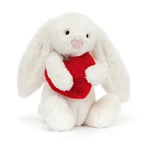 Soft White Bunny Plush Holding Red Heart with Jellycat Gift Bag – Cute Rabbit Stuffed Animal Romantic Gift for Girlfriend, Kids, Birthday & Valentine