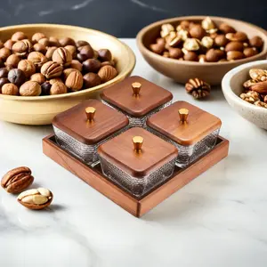 Square Glass Snackle Box Container, Divided Serving Tray, Snack Organizer and Fruit Platter with Wood Lids and Tray, Divided Serving Platter for Nuts Candy Dry Fruits (4 Jars)