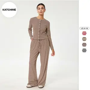 KatchMe Women's Casual Stripe Button Long Sleeve Top & Drawstring Waist Wide Leg Trousers Co-ord, Cozy Loose Two Piece Set for Lady Spring & Fall（CN）