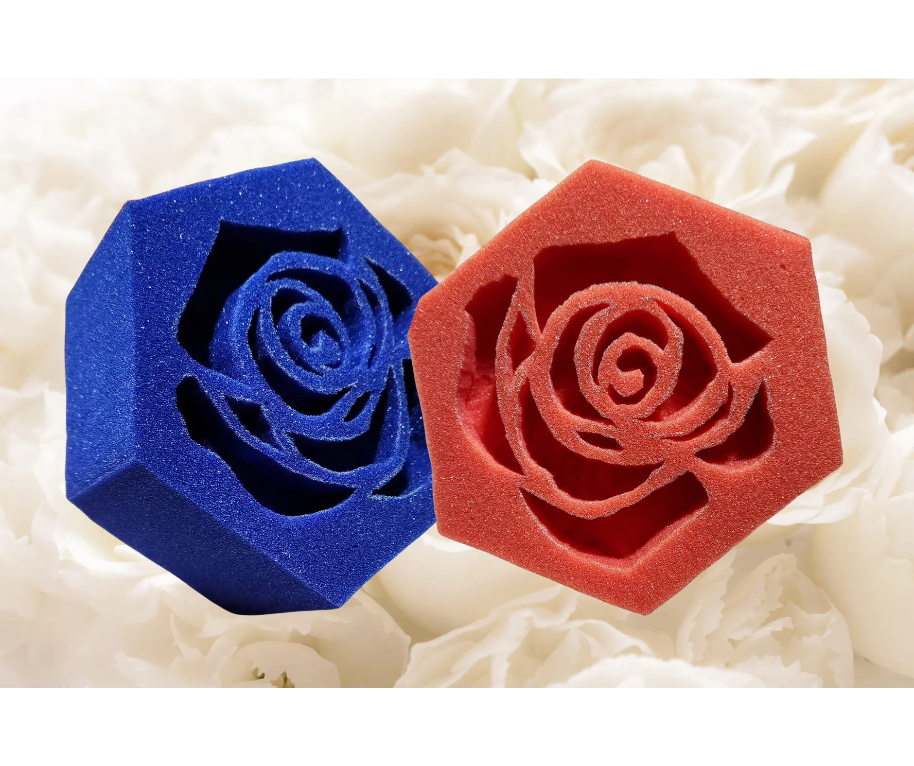 Rose Flower Hand Carved 1-Piece Hexagon Form Sponge, 7x3" Red or Blue, cleaning pad, CleanTok ASMR Tool, Suds and Foam Making Squeeze Accessory,  CleanTok, SpongeTok Squeeze Sponge, Suds making Sponge,Gift Idea, CleanTok tool,SpongeTok, Made in the USA, S