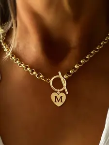 Heart Letter Pendant Necklace, Simple Design with T-Shape Clasp, Chain Included, Perfect for Everyday Wear, Fashion Necklace