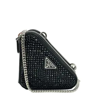Pre-owned PRADA satin and leather Crossbody Bags Triangle Double Pouch Crystal Embellished Satin Crossbody Bag Black