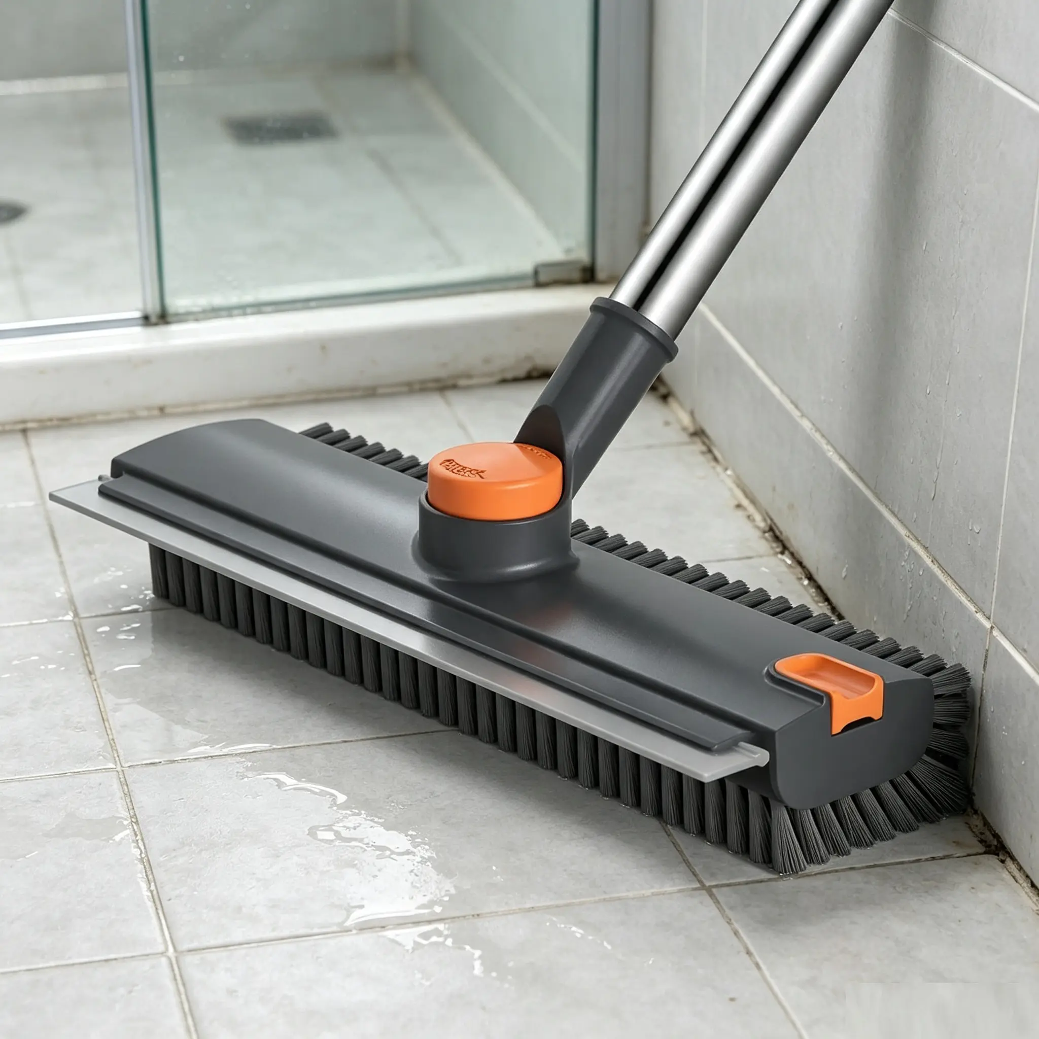 4-in-1 Integrated Scrub Brush Floor Squeegee Broom - 3-Stage Adjustable 28-40-52 In Stainless Steel Handle to Avoid Back Pain, 360° Rotating Solid Bristles, Built-in Squeegee, Side Scraper, Shower Broom for Home Surface Cleaning