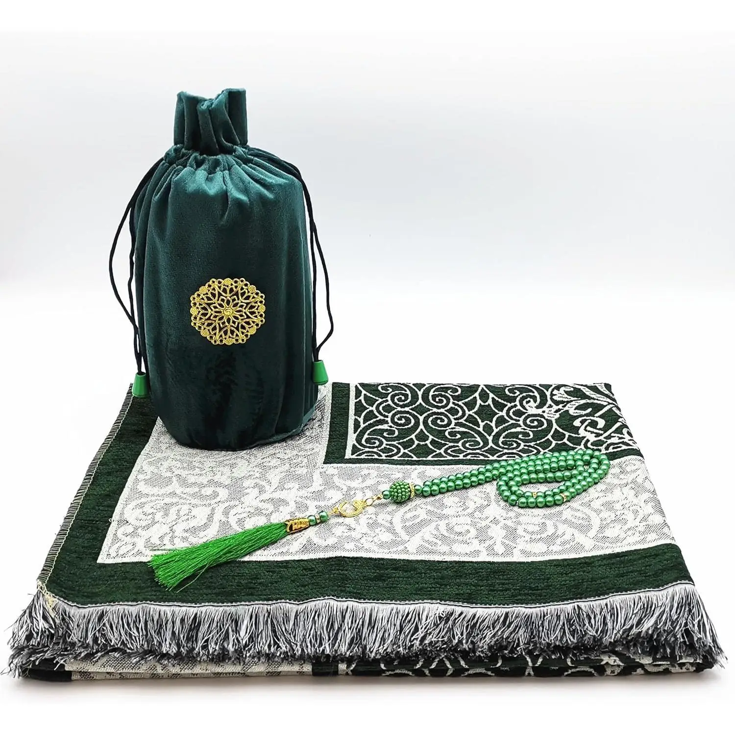 Portable Prayer Mat and Prayer Beads Set, Muslim Prayer Rug with Bag, Travel Praying Matt for Man and Women