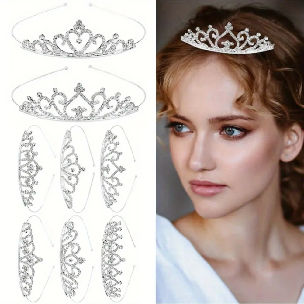 8PCS Silvery Color Metal Glitter Rhinestone Crown Headbands For Wedding Prom Birthday Party, Princess Hair Tiaras Sparkly Accessories For Brides Women