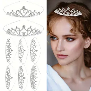 8PCS Silvery Color Metal Glitter Rhinestone Crown Headbands For Wedding Prom Birthday Party, Princess Hair Tiaras Sparkly Accessories For Brides Women