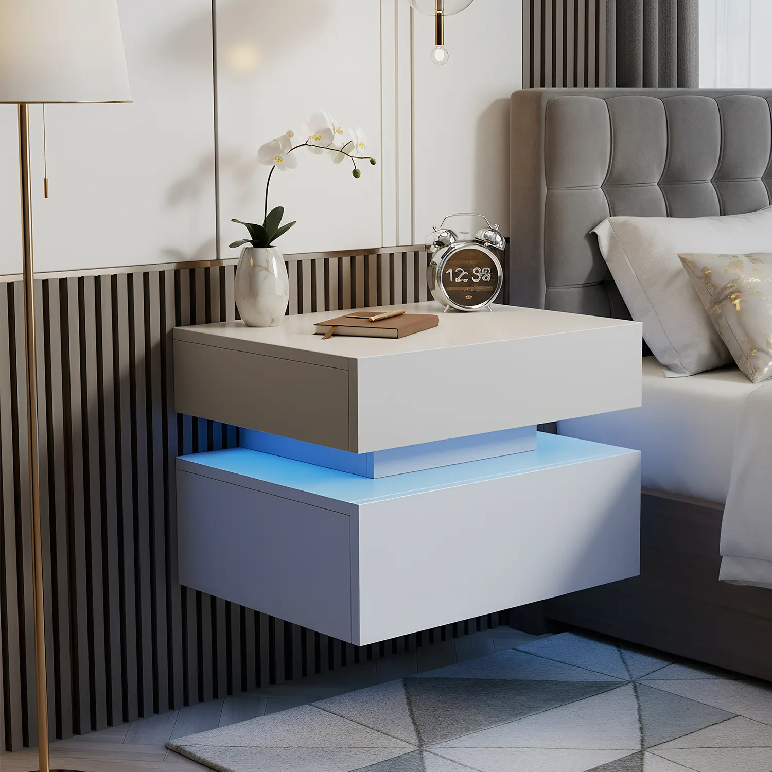 Spaco 2-Pcs White Modern Floating Nightstands - Wall-Mounted Small Space Bedroom Furniture with Adjustable LEDs, Color-Changing Light, Flat-Top Storage, Minimalist Design, Bedroom Decor, Contemporary