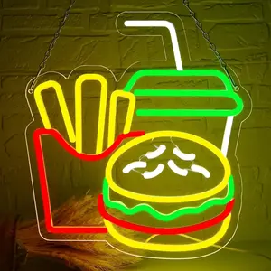 Hamburger Neon Lights, French Fries LED Neon Sign, Restaurant Kitchen Shop Party USB Powered, Dimmable Model Xinghao