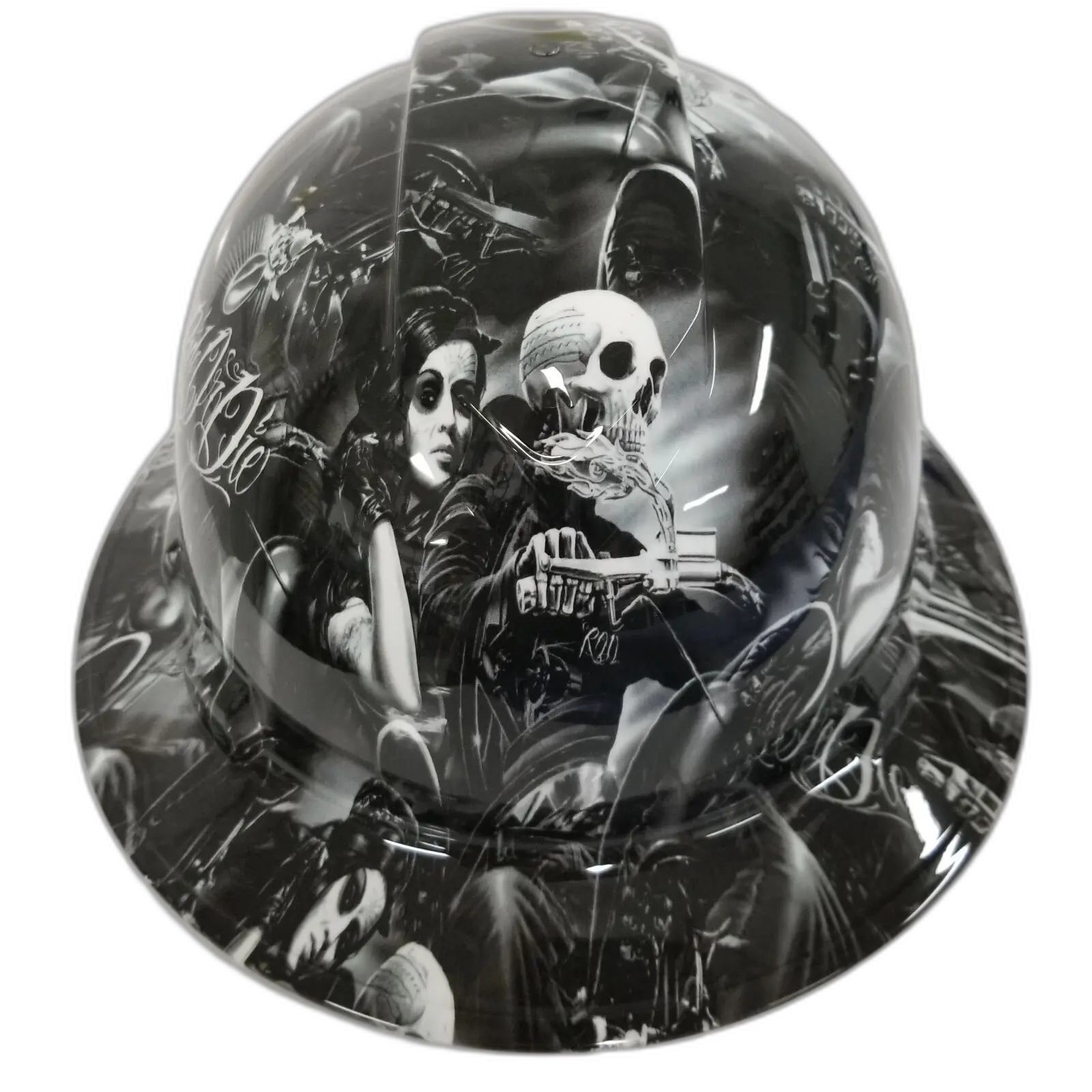 Outlaw Biker Skeleton Art - Custom Hydro Dipped Full Brim Hard Hat