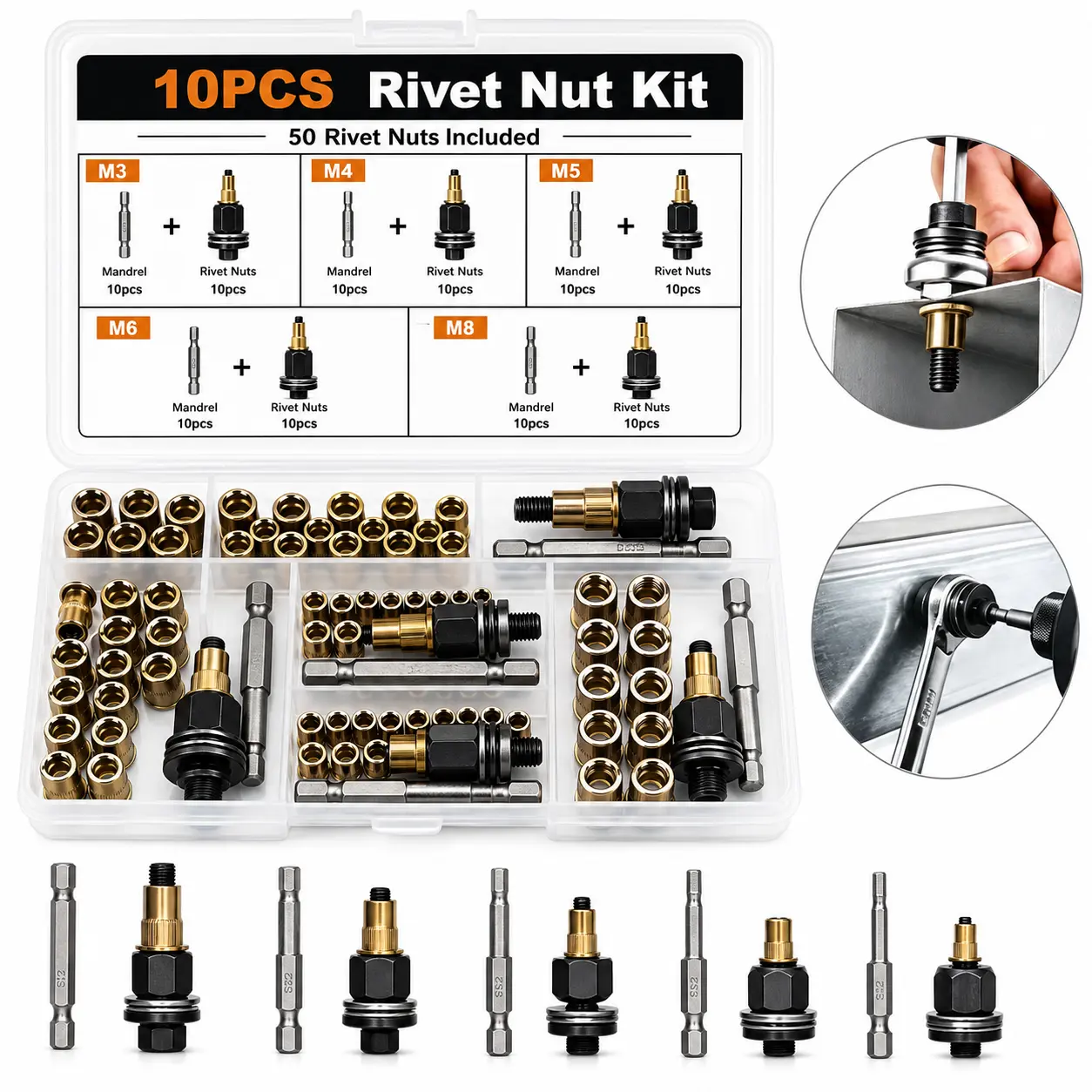 Head Rivet Nut Tool, M3 M4 M5 M6 M8 Rivnut Kit, Carbon Steel Rivnut Set, Threaded Rivet Nut Kit, Manual Riveter Rivnuts Tool Accessory for Automotive Repair Warehouses,fathersdaygift