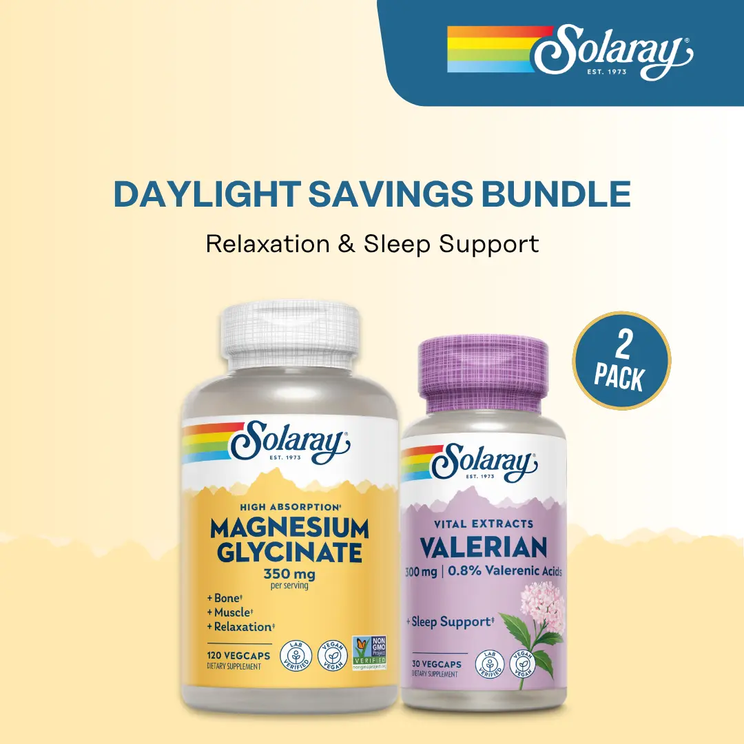 Solaray Daylight Savings Bundle 2-Pack Bundle (LIVE Lab New Arrivals Exclusive): Magnesium Glycinate & Valerian Root Extract – Natural Sleep, Calm & Relaxation Support