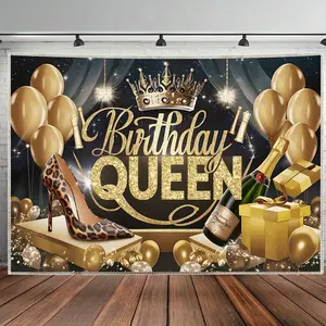 Queen's Birthday Party Backdrop Banner, 1pc Luxurious Black Polyester Decoration with Golden Glittery Text, Crown & Champagne Design, Ideal for Home Wall Decor, Photo Props