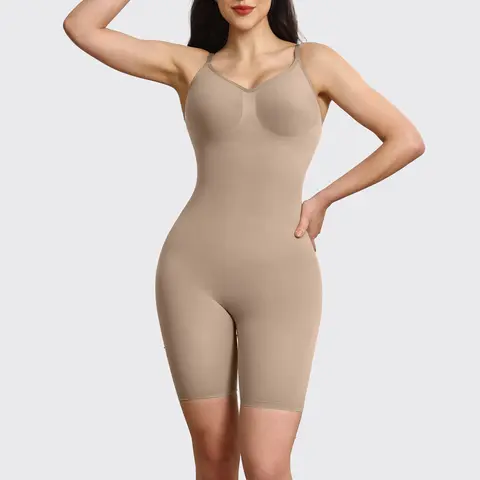 Women's Essential Polyester-Spandex Spaghetti Strap V-Neck Adjustable Tummy Control Compression Shapewear Bodysuit (Plus Size, Clothes for Women, Pair with Skirts)