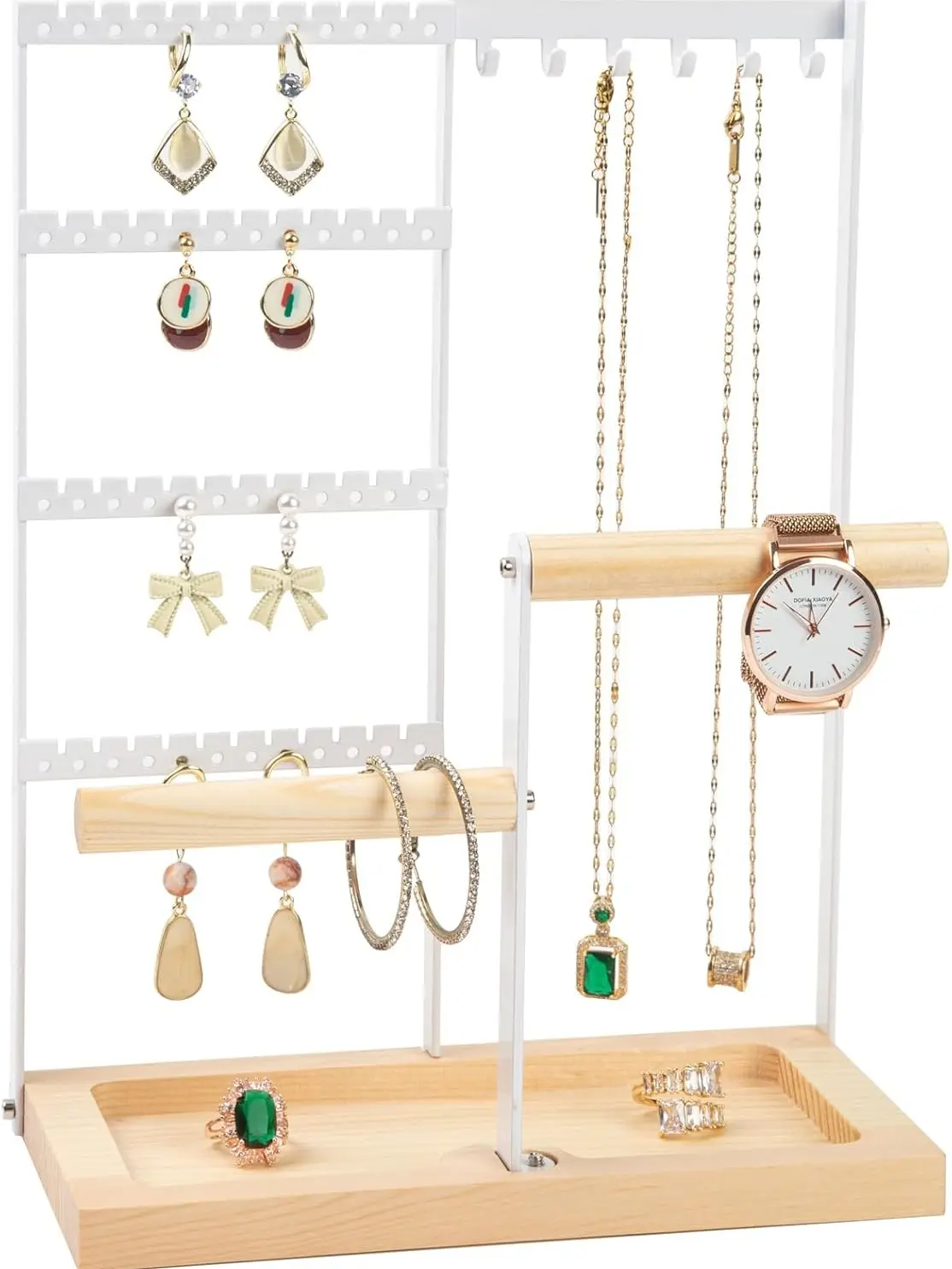 Jewelry Organizer Stand, Jewelry Holder, Lengnoy 4 Tier Earring Holder with 48 Holes and 6 Hooks Necklace Organizer Wood Box for Necklace Bracelet Earring Ring, White