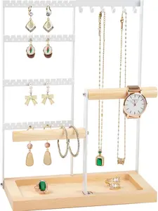Jewelry Organizer Stand, Jewelry Holder, Lengnoy 4 Tier Earring Holder with 48 Holes and 6 Hooks Necklace Organizer Wood Box for Necklace Bracelet Earring Ring, White