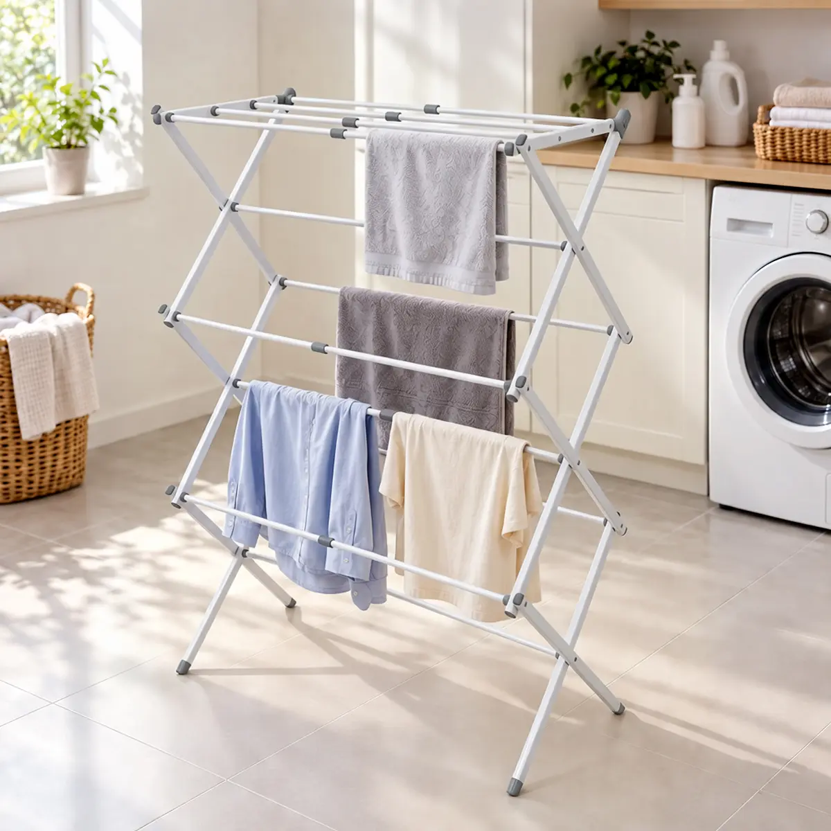 Foldable Portable Laundry Rack for Air Drying Clothing Indoor Outdoor Use White Chrome Heavy Duty Compact Easy to Move Efficient Air Drying Home Use#Summervibes