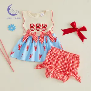Baby Girl Crawfish Outfit Bows Lobster Embroidered Sleeveless Tops and Plaid Bloomers 2 Piece Summer Set